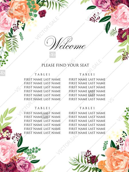 Hochzeit - Watercolor pink marsala peony wedding invitation set seating chart welcome banner PDF 18x24 in online editor