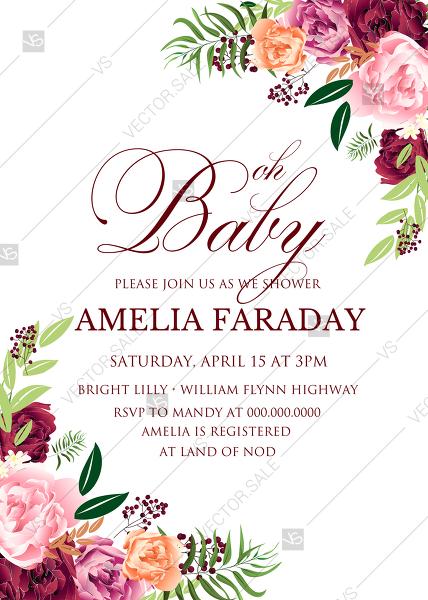 زفاف - Watercolor pink marsala peony wedding invitation set baby shower PDF 5x7 in customize online