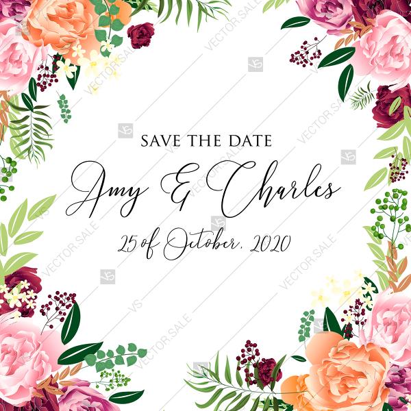 Mariage - Watercolor pink marsala peony wedding invitation set save the date PDF 5.25x7 5.25 edit template