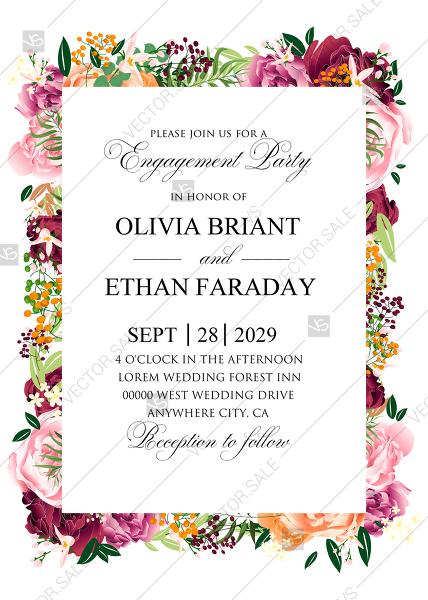 Wedding - Watercolor pink marsala peony wedding invitation set engagement party PDF 5x7 in personalized invitation