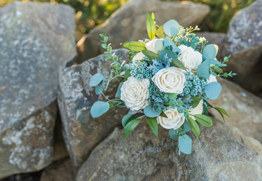 Wedding - Wood Flower Eucalyptus and Ivory Wedding Bouquet / Rustic Wild Bridal Bridesmaid Bouquet / Sola Flowers / White