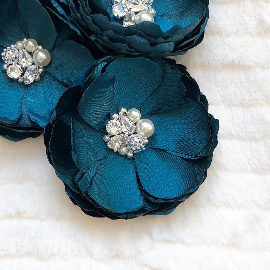 Hochzeit - Peacock Blue Teal Flower Accessories, Swarovski Crystal & Pearls Embellished  Photo Prop, Hair, Shoe Clip, Brooch For Bride, Bridesmaid, Kia
