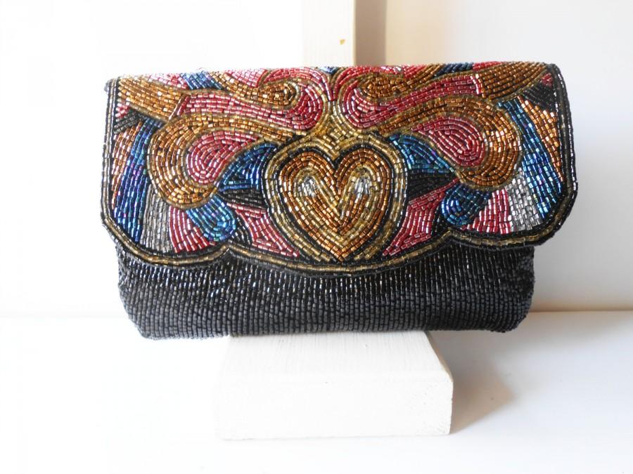 Mariage - Vintage Black Beaded Evening Bag, Glamorous Bead Clutch Bag,  EB-0073