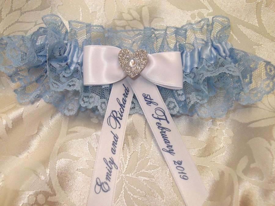 Mariage - Personalised blue lace and satin wedding garter with glitter heart centrepiece