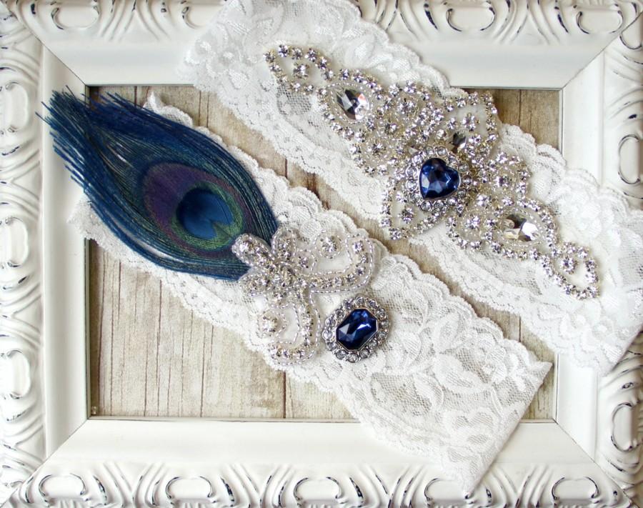 Hochzeit - Peacock feather wedding garter - Vintage Garter Set with gorgeous Peacock Feather, Rhinestones and"Sapphires." Bridal garter, lace garter