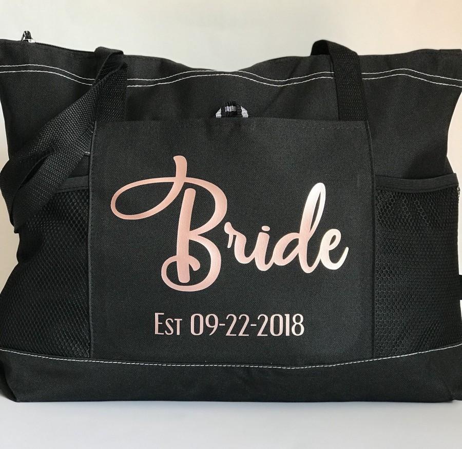Wedding - Personalized Bride Tote Bag, Bride To Be Gift, Bridal Shower Gift, Mrs Tote, Zippered Tote, Wedding Gift, Honeymoon Gift, Custom Tote Bag