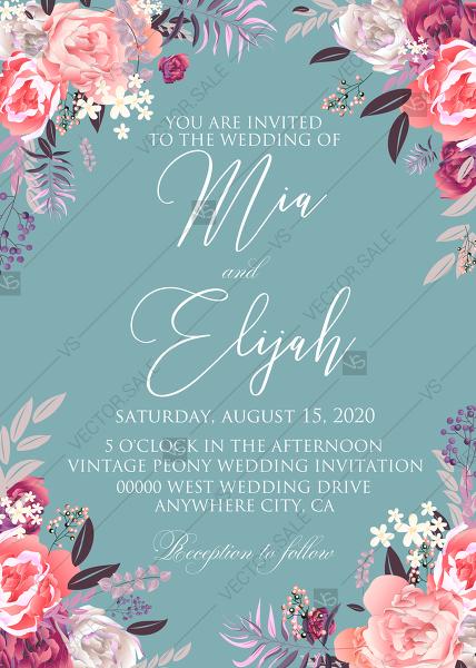 Hochzeit - Autumn vintage cream peony leaves marsala pink flowers wedding invitation set PDF 5x7 in editor