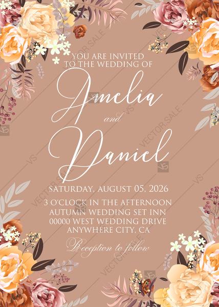 Mariage - Autumn vintage cream peach peony leaves burgundy flowers wedding invitation set PDF 5x7 in invitation maker