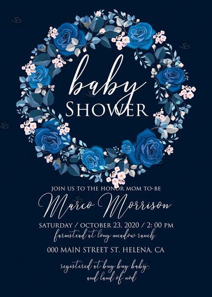 Свадьба - Navy blue pink roses royal indigo sapphire floral background wedding Invitation set baby shower PDF 5x7 in edit online