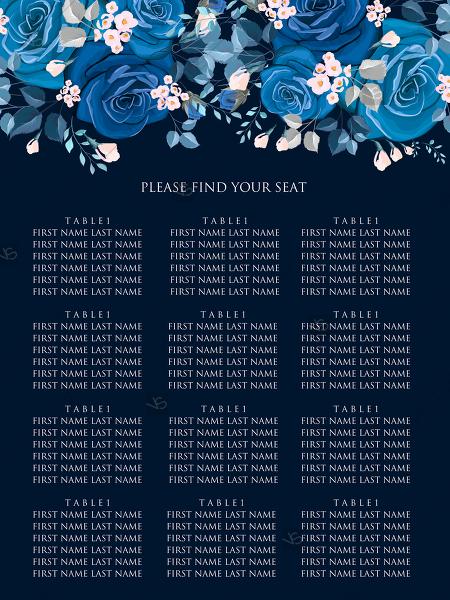 زفاف - Navy blue pink roses royal indigo sapphire floral background wedding Invitation set PDF 18x24 in seating chart edit online