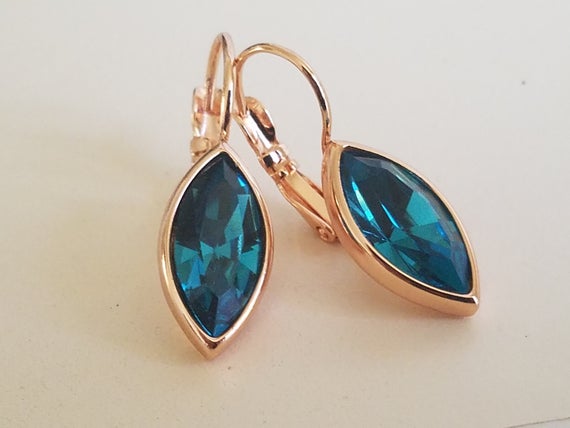 Hochzeit - Indicolite Teal Crystal Marquise Earrings, Swarovski Indicolite Rose Gold Leverback Earrings, Dark Teal Navette Earring Wedding Teal Jewelry