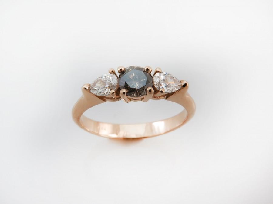 Wedding - Women Diamond Ring, Rose Gold Engagement Ring, 3 Diamond Ring, 18K Bridal Ring, Unique Engagement Ring, Salt and Pepper Ring, Teardrop Ring