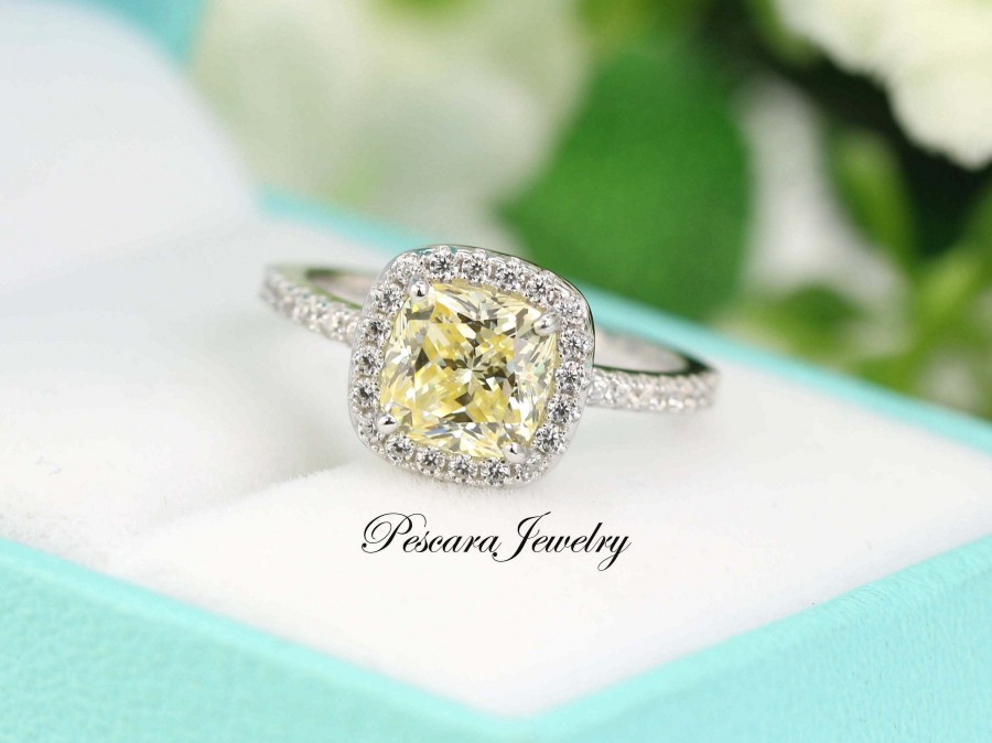 Hochzeit - Light Yellow Cushion Halo Engagement Ring, Pale Yellow CZ Ring, Promise Ring, Sterling Silver Cushion ring