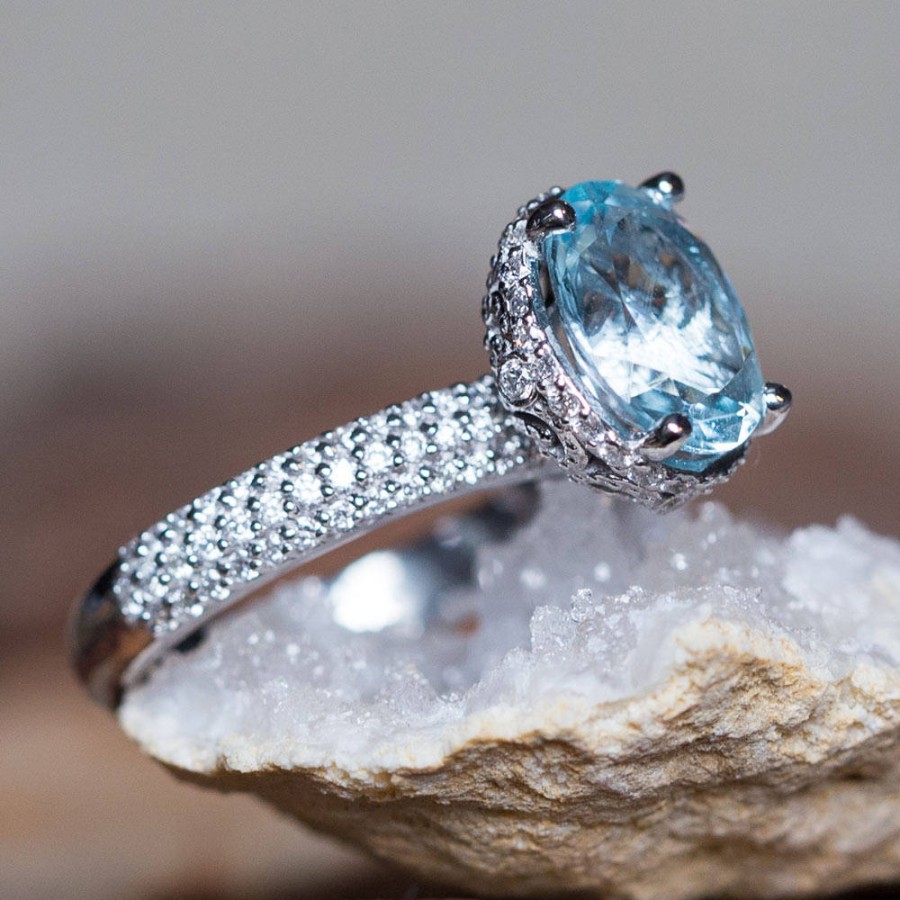 Hochzeit - Aquamarine Engagement Ring - Adeline Ring with Diamonds and 8x10mm Oval cut Aquamarine by Laurie Sarah - LS5327
