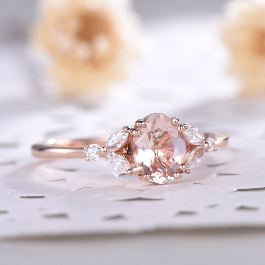 Wedding - Natural Pink Morganite Engagement Ring 14k Sterling Silver Rose Gold Marquise CZ Diamond Antique Art Deco Women Promise Anniversary Gift