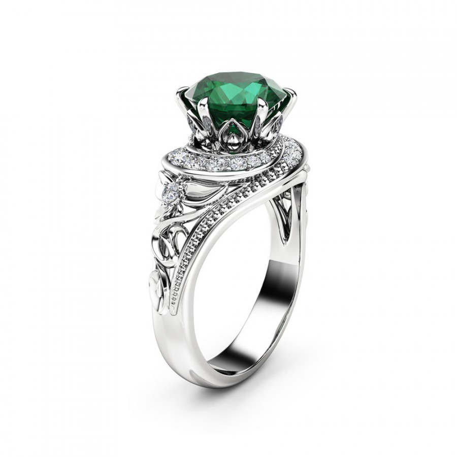 Wedding - Halo Engagement Ring 14K White Gold Filigree Ring Natural Emerald Engagement Ring