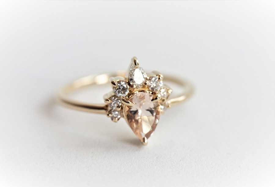Hochzeit - Ophelia Pear Peach Morganite & Diamond Crown Cluster Ring 