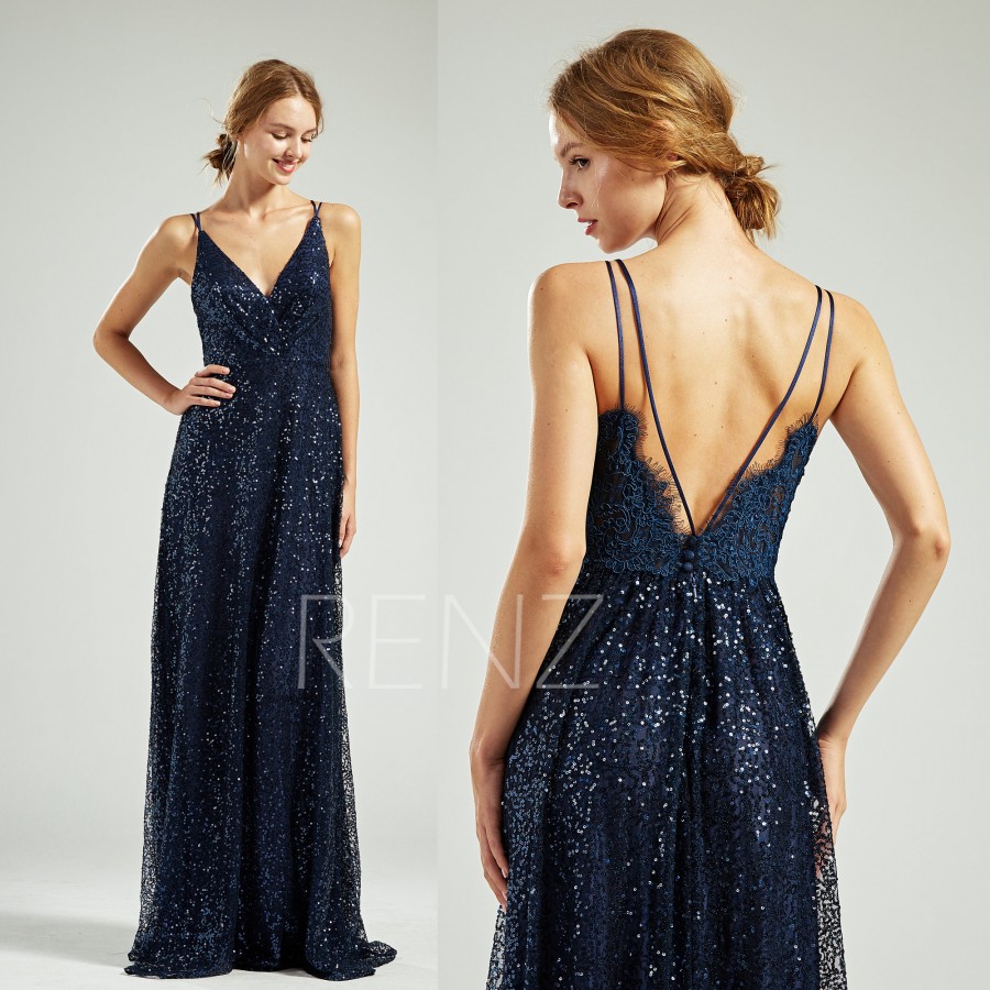 Mariage - Prom Dress Navy Sequin Bridesmaid Dress V Neck Party Dress Sexy Open Back Lace Wedding Dress long Spaghetti Strap A-line Evening Dress-HQ839
