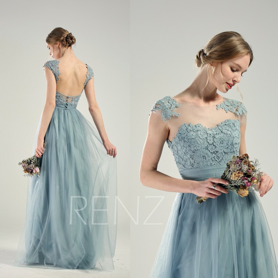 Свадьба - Wedding Dress Dusty Blue Bridesmaid Dress Lace Applique Cap Sleeves Tulle Bridal Dress Open Back Formal Dress A-line Prom Dress (LS525)