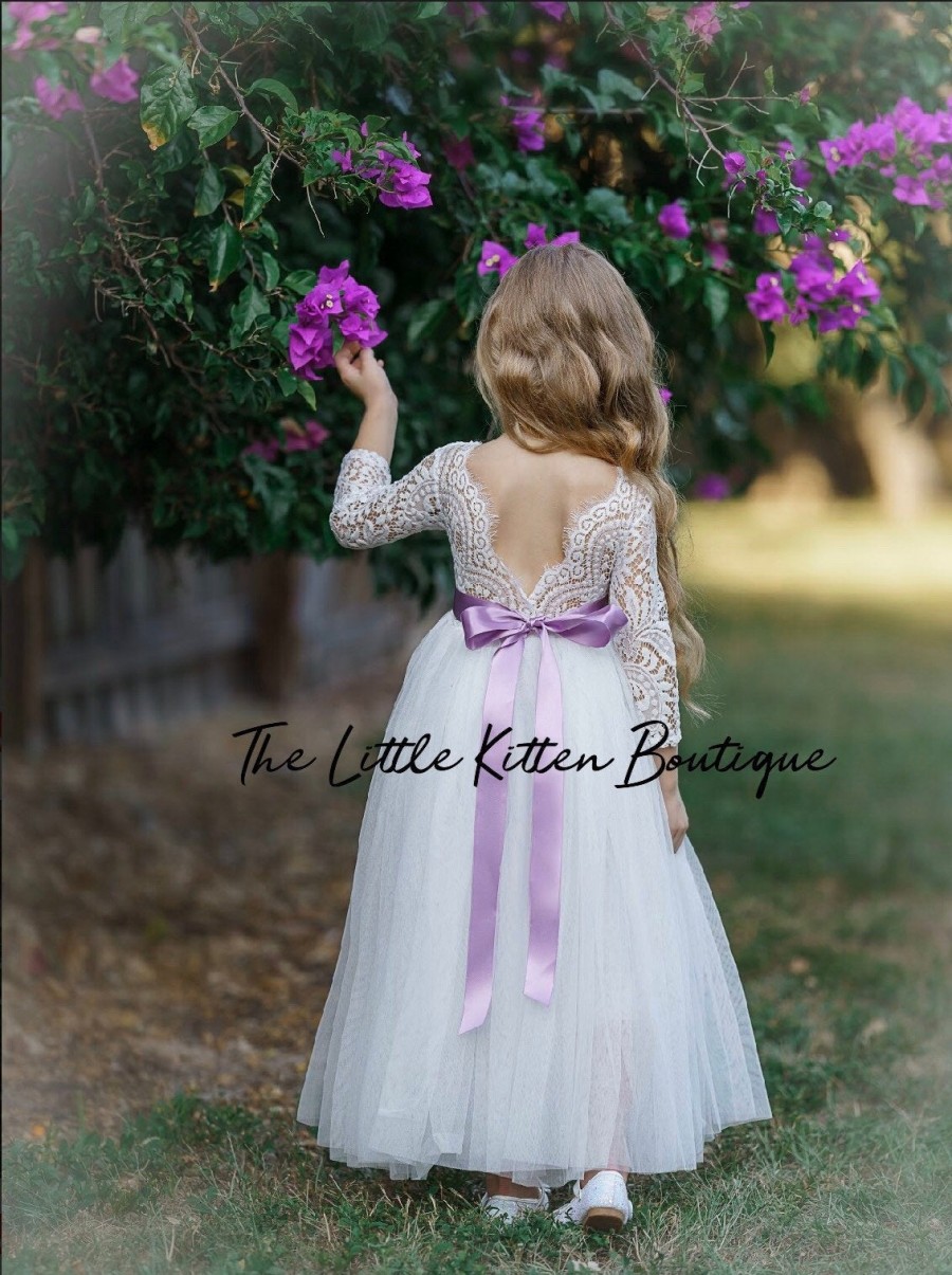 Wedding - Tulle flower girl dress, rustic lace flower girl dresses, long sleeve flower girl dresses, boho flower girl dress, ivory flower girl dress