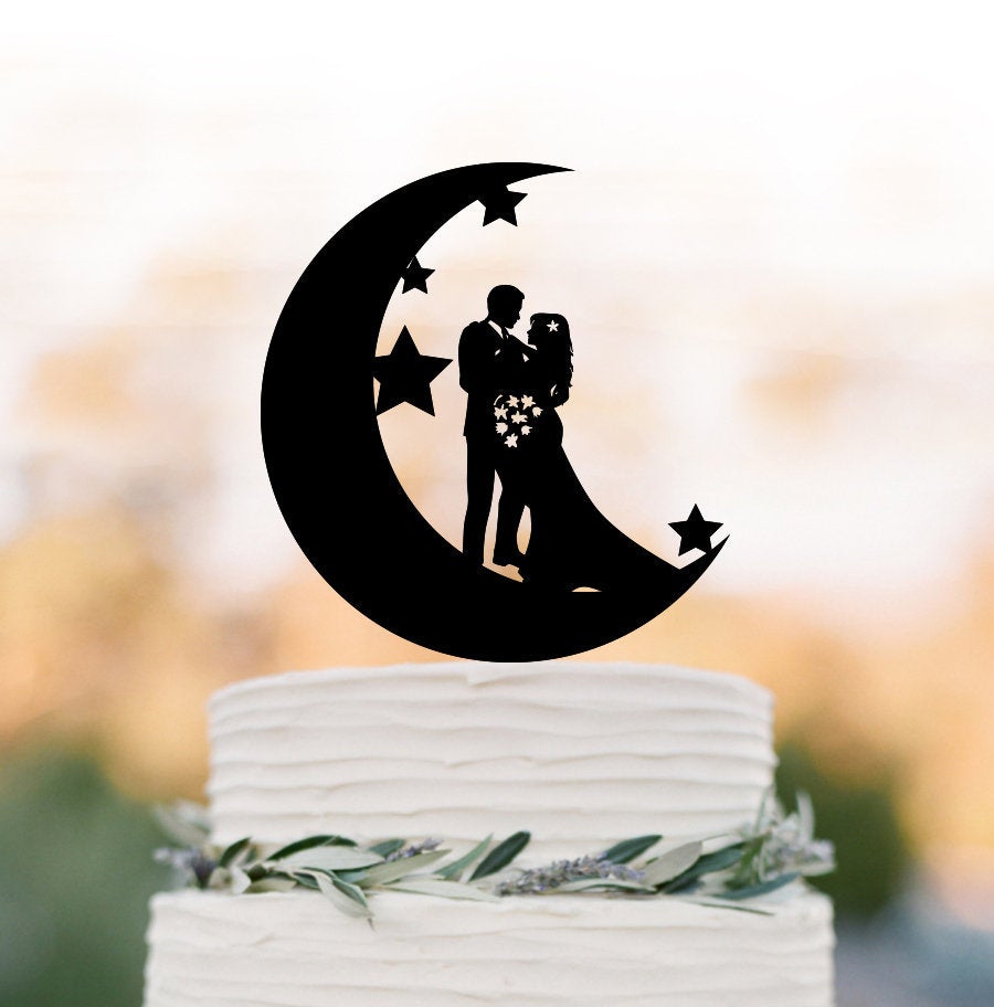 زفاف - Moon and star Wedding Cake topper,  Bride and groom silhouette , funny cake topper, unique cake topper,