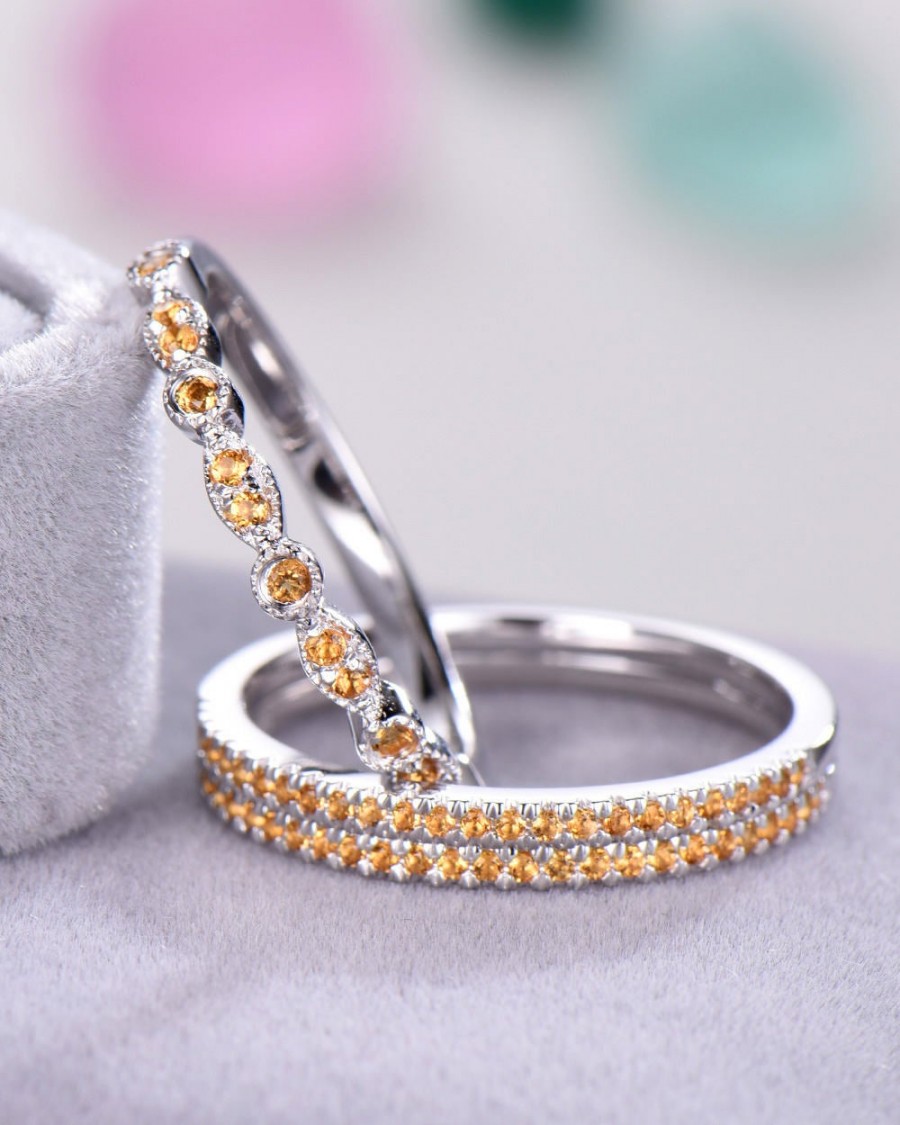 Mariage - Citrine Wedding Band Set 14k White Gold Sterling Silver Half Eternity Bridal Ring Set Marquise Milgrain Pave Stacking Matching Band Promise
