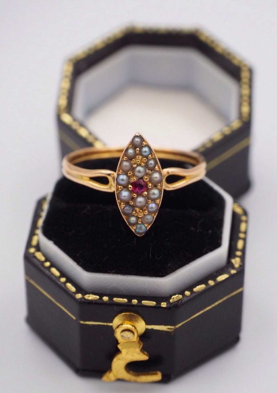 Wedding - Antique 18ct Yellow Gold Ruby and Seed Pearl Marquise Ring, Size N 1/2 or 7.25, Engagement Ring, Antique, Seed Pearl Ruby, Ruby and Seed Pea