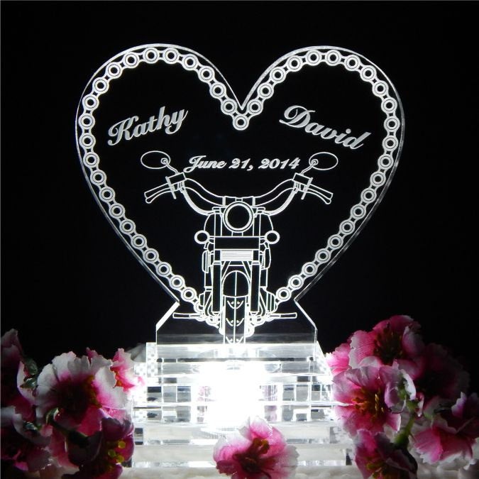 زفاف - Motorcycle Chain Custom LED Heart Wedding Cake Topper Acrylic Biker Laser Engraved