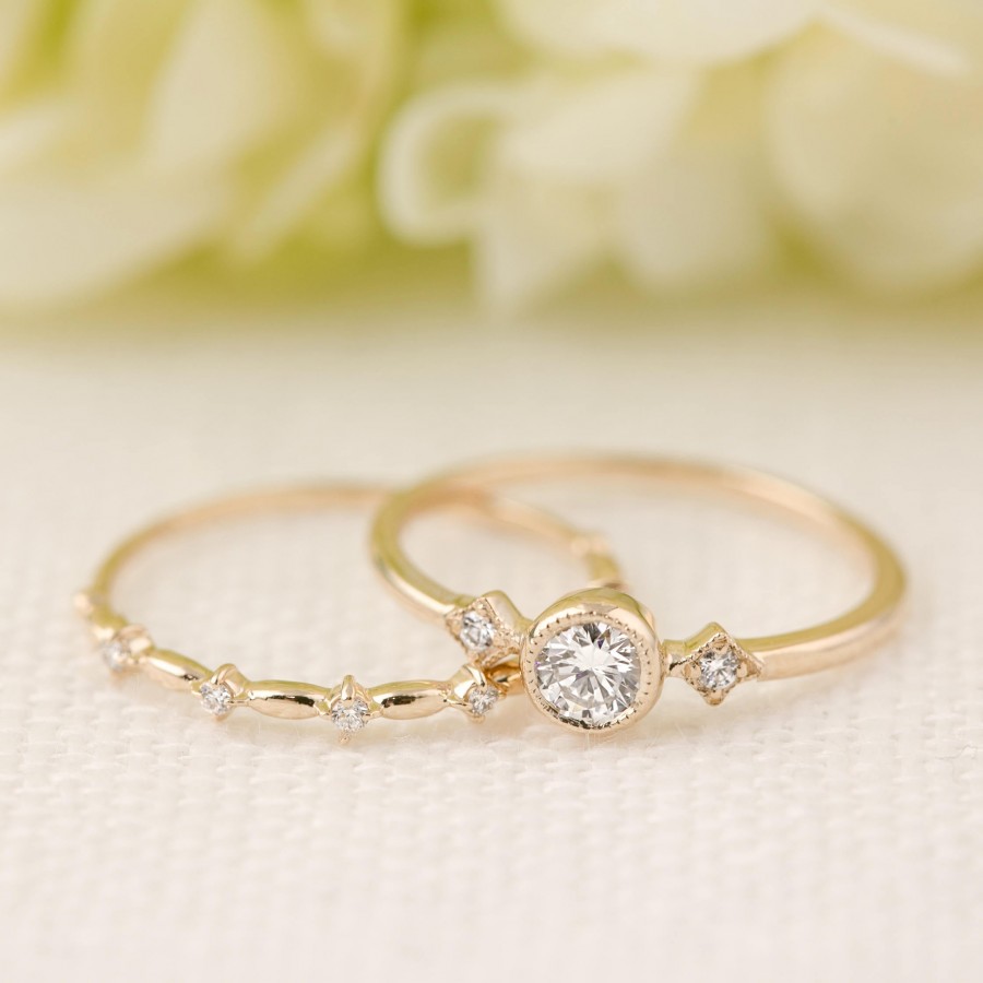 زفاف - Moon and star 0.30ct diamond engagement ring and wedding band ring set, 14k solid gold, 4mm diamond engagement ring, conflict free, set ring