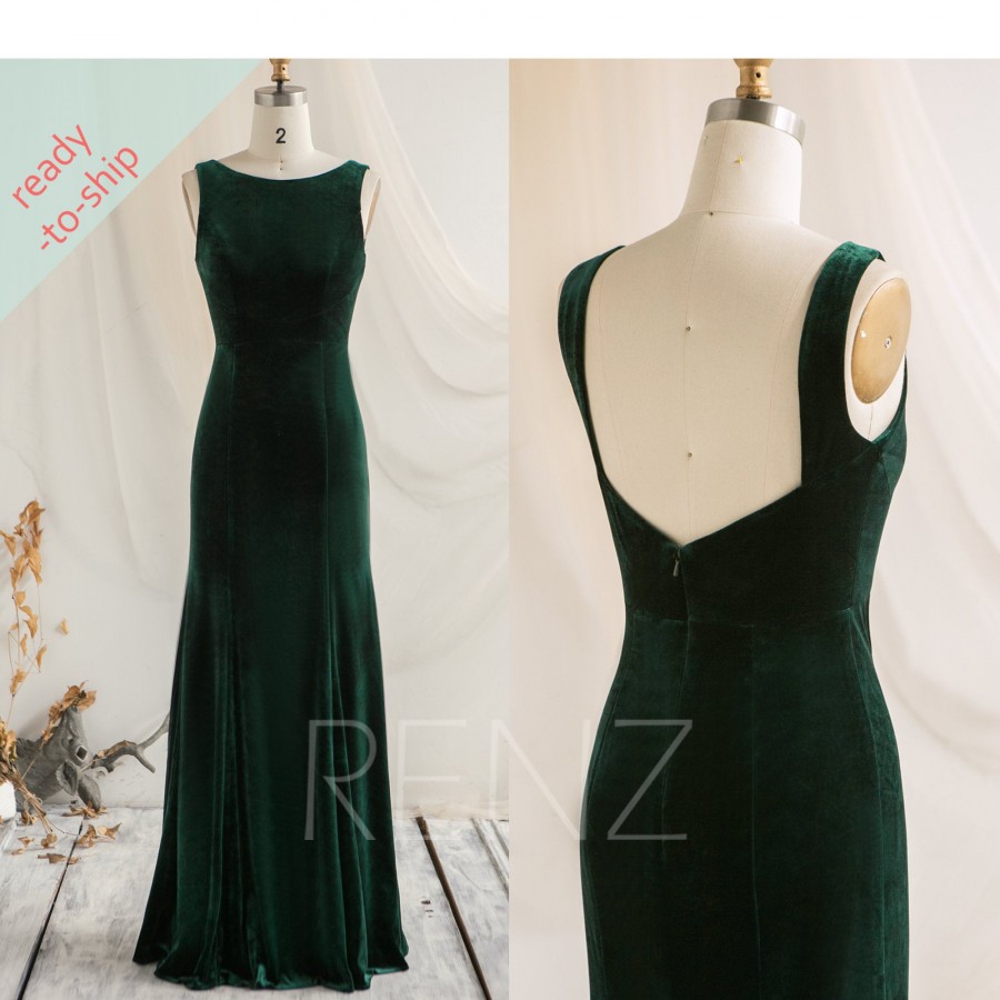 زفاف - Velvet Bridesmaid Dress Dark Green Velvet Prom Dress Boat Neck Sheath Party Dress Open Back Fitted Formal Dress (Ready-to-Ship) - LV562