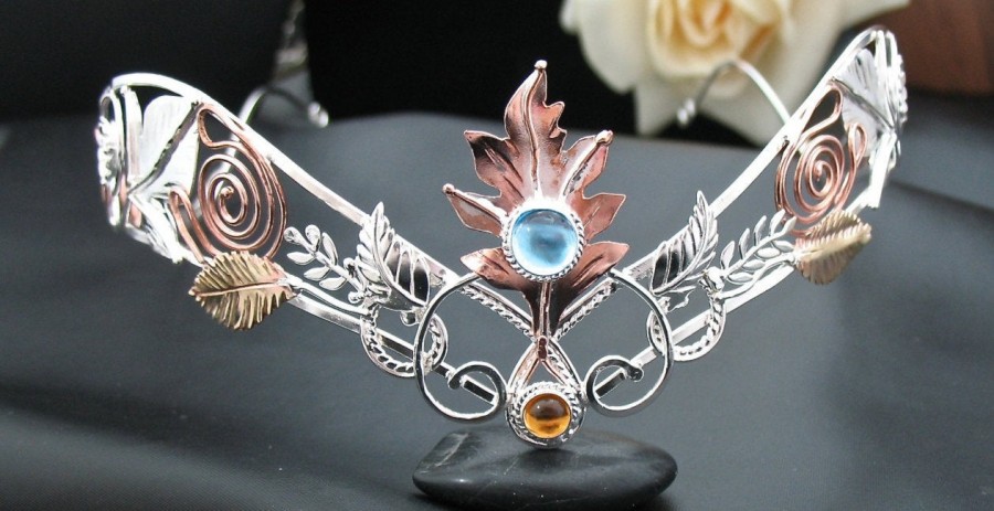 Wedding - Woodland Crown in Sterling Silver Copper Brass, Artisan Gemstone Tiara  OOAK, Renaissance Bridal