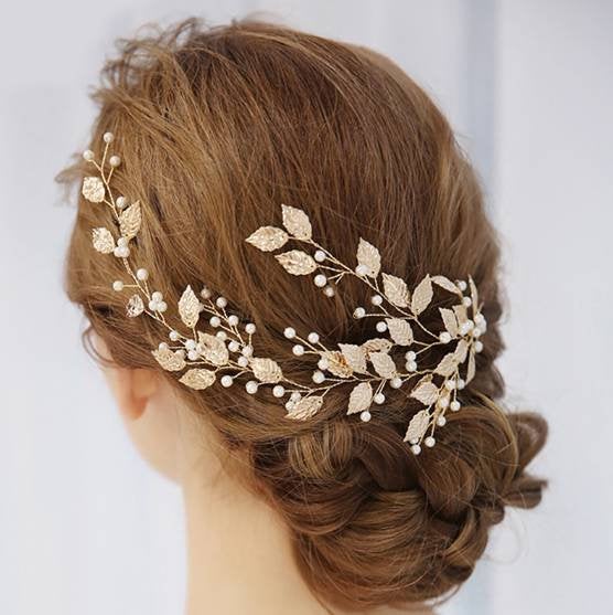 Wedding - Bridal gold wired leaf pearl hair vine,Wedding bride hair accessories,Bridal pearl hair vine,Bridal leaf pearls headpiece,Wedding hairpiece
