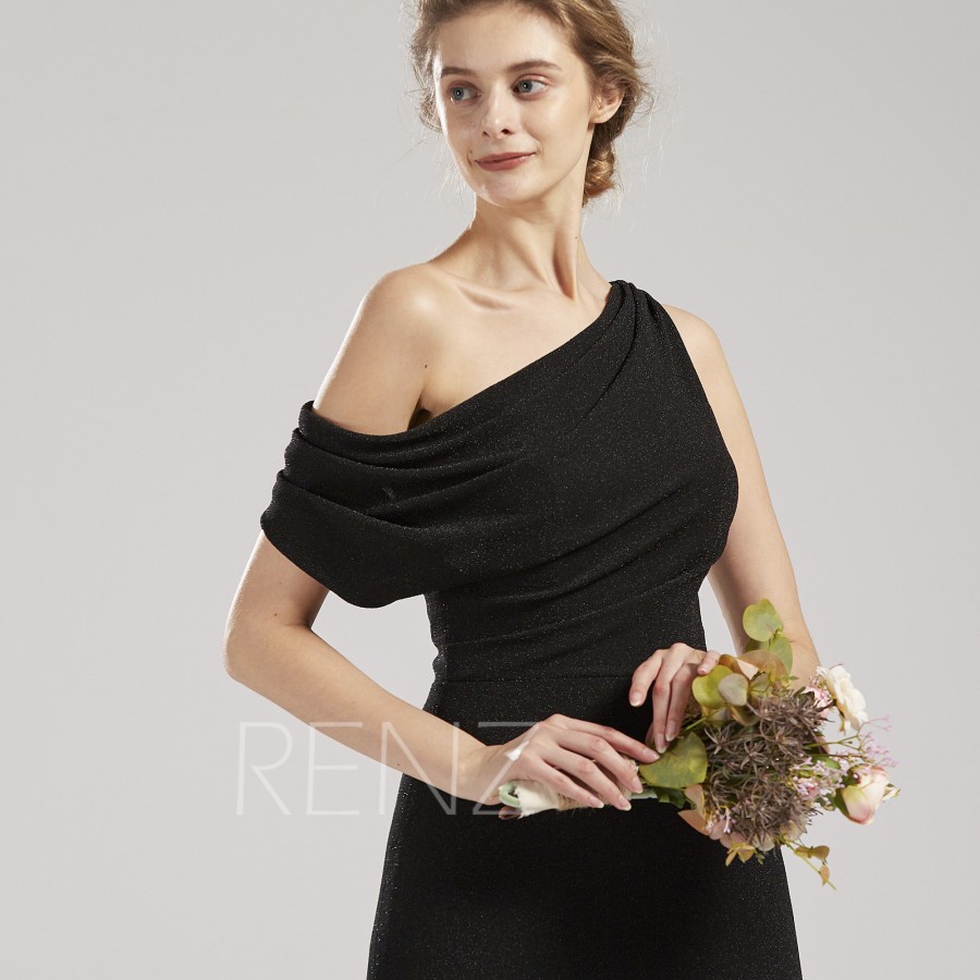 Wedding - Party Dress Black Metallic Lurex Jersey Knit Prom Dress One Shoulder Formal Dress Off the Shoulder Glitter Sheath Bridesmaid Dress-HZ903