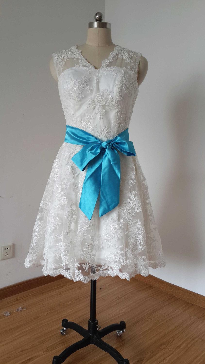 Mariage - V-Neck Backless Short Ivory Lace Wedding Dress with Teal Blue Sash