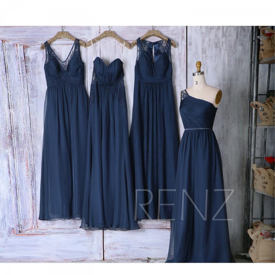 Hochzeit - Navy Blue Mismatched Bridesmaid Dress Wedding Dress One Shoulder A Line Maxi Dress Strapless Chiffon Evening Dress(T178/L285/J048/H458)