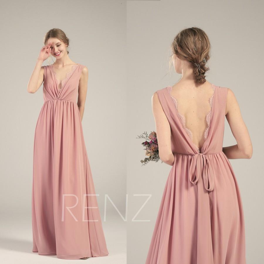 زفاف - Dusty Rose Bridesmaid Dress Illusion V Neck Chiffon Wedding Dress Open Back Long Sash Scalloped Lace Maxi Dress (L511)