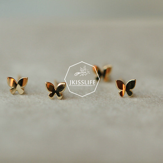 Wedding - 14K Solid Gold Stud Earrings/ Tiny Minimalist Earrings/ butterfly Earrings/ 14k Gold Earrings/ Thanksgiving Gift for Her/ Christmas gift