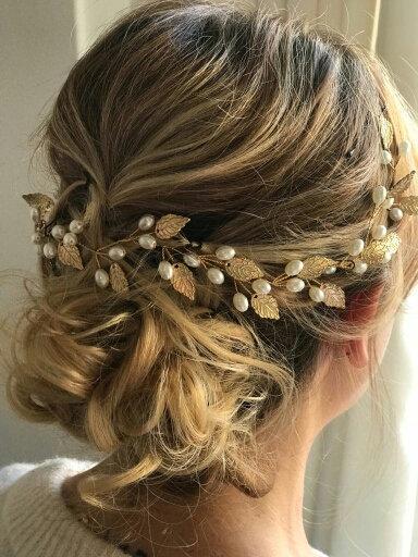 Wedding - Gold Leaf Bridal Pearl Hair vine Comb , Wedding Hair Comb vine, Hair Chain Bridal hair veil comb 1920s jewellery  headpiece NATURE GOLD