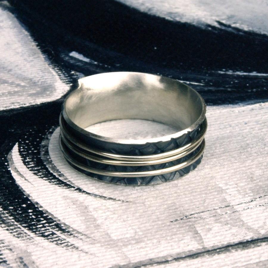 زفاف - Sterling Silver spinner rolling ring with three 14k. golden rings three Gold bands unique hand forged rolling ring