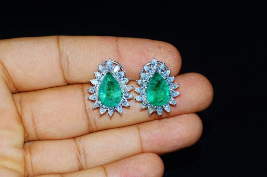 زفاف - Emerald Earrings - Certified Natural Untreated 15CTS VS F Diamond Emerald 18K 750 Solid Gold Riviera Cluster Vintage Earrings - ExoticGold