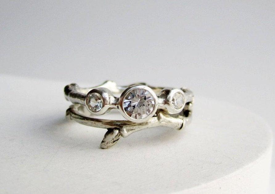 زفاف - 3 White Sapphire, Engagement Rings, Silver Twig Rings, Nature Engagement Ring,Handmade Fine Jewelry