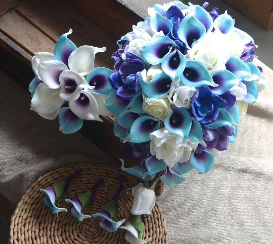 Hochzeit - Blue Purple Cascade Bridal Bouquet Real Touch Flowers Calla Lily Ivory Roses Blue Purple Orchids Bridesmaids bouquet Boutonniers
