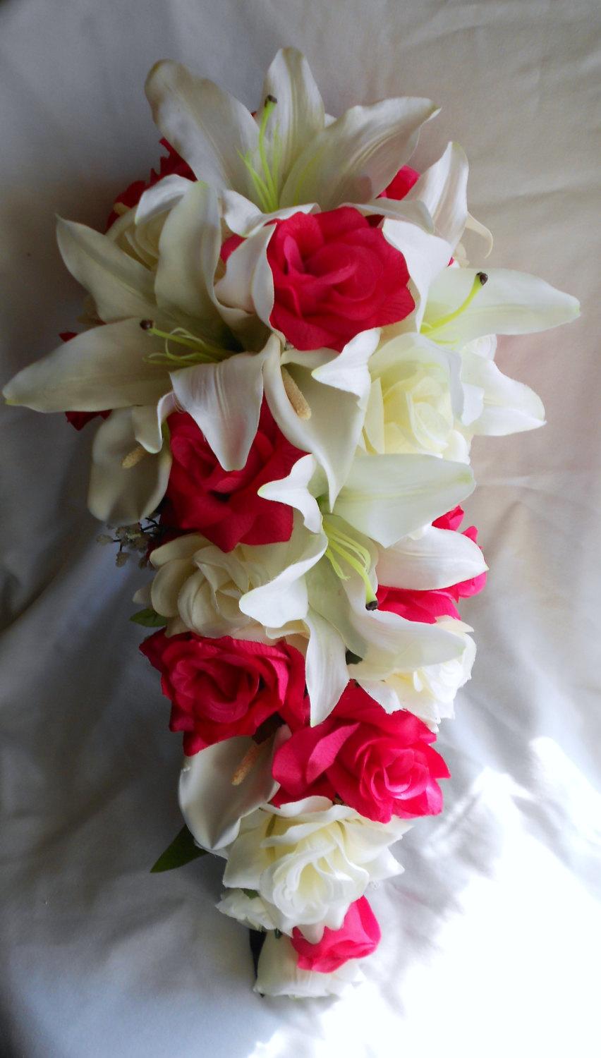 Wedding - Bride Cascade bouquet hot pink , Fuchsia  and ivory roses, callas, casablanca lilies and orchids