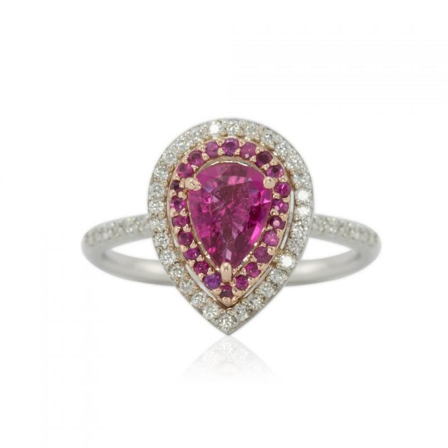 Mariage - Pear Shaped Rubellite Tourmaline, Pink Sapphire and Diamond Statement Ring, Double Halo Pear Ring - Harper Collection - LS951