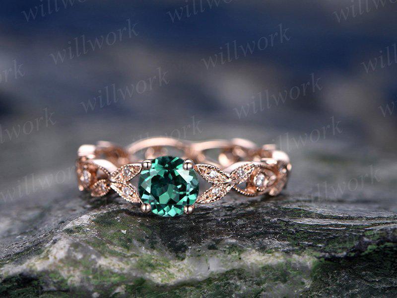 Hochzeit - 5mm emerald engagement ring rose gold emerald ring vintage full eternity diamond ring May birthstone unique gift bridal wedding promise ring