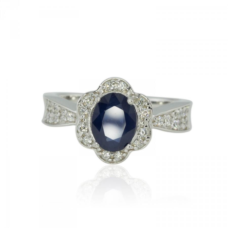 Wedding - Sapphire Engagement Ring - Oval Blue Sapphire and Diamond Halo Engagement Ring - Flower Halo Design - LS116