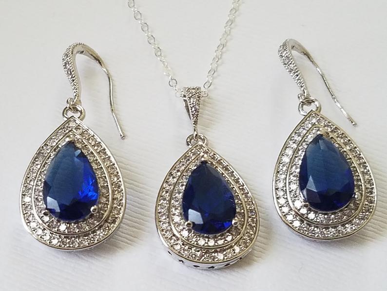 زفاف - Blue Crystal Jewelry Set, Navy Blue Halo Jewelry Set, Wedding Jewelry, Bridal Navy Blue Jewelry, Dark Blue Earring&Necklace Set Prom Jewelry