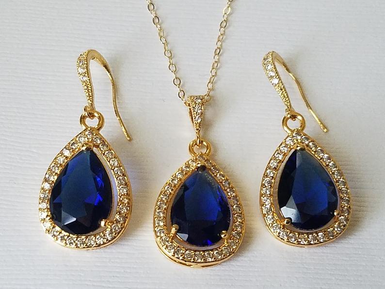 Wedding - Navy Blue Gold Crystal Jewelry Set, Blue Sapphire Teardrop Bridal Set, Blue Halo Earrings&Necklace Jewelry Set, Dark Blue Jewelry, Prom Set