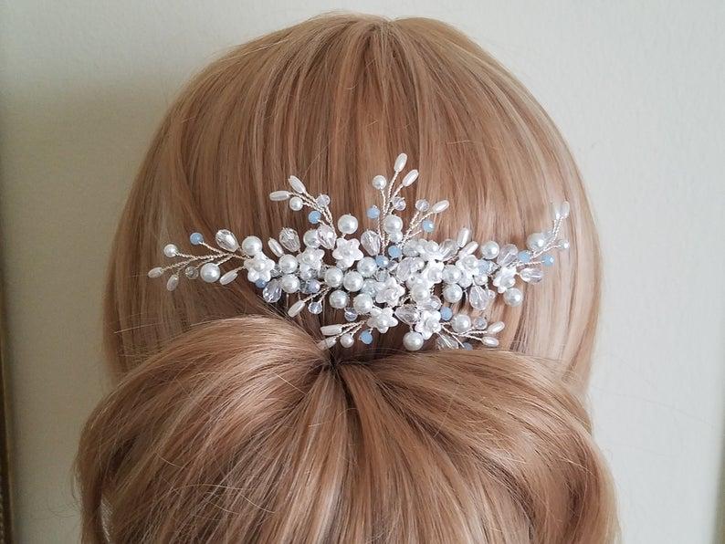 Wedding - Dusty Blue White Hair Comb, Pearl Bridal Hair Comb, Wedding White Light Blue Headpiece, Wedding Floral Hair Piece, Pearl Crystal Hairpiece