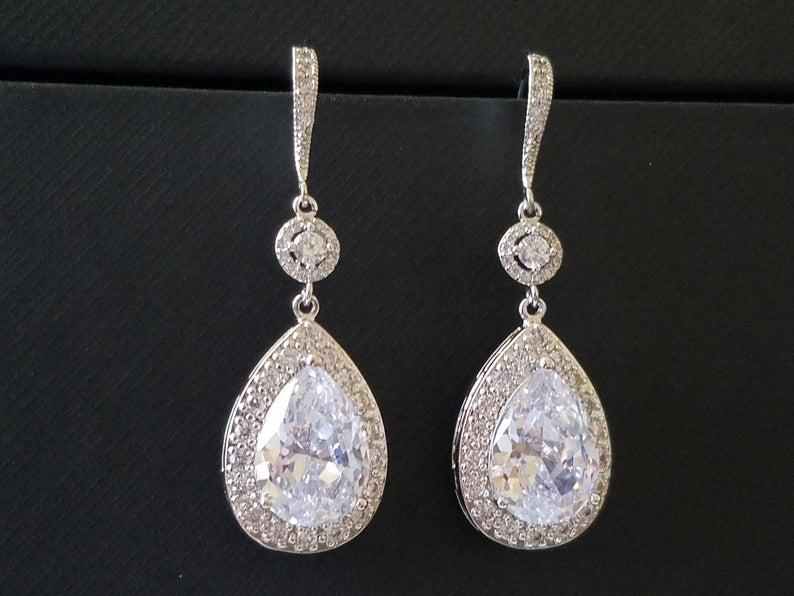 Hochzeit - Bridal Cubic Zirconia Earrings, Teardrop Crystal Wedding Earrings, Chandelier Dangle Earrings, Sparkly Crystal Halo Earrings Prom Jewelry